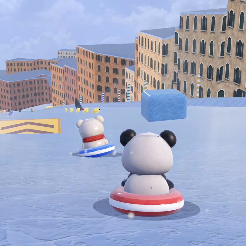 Racers on snow tubes between Venetian palazzos and striped gondola poles