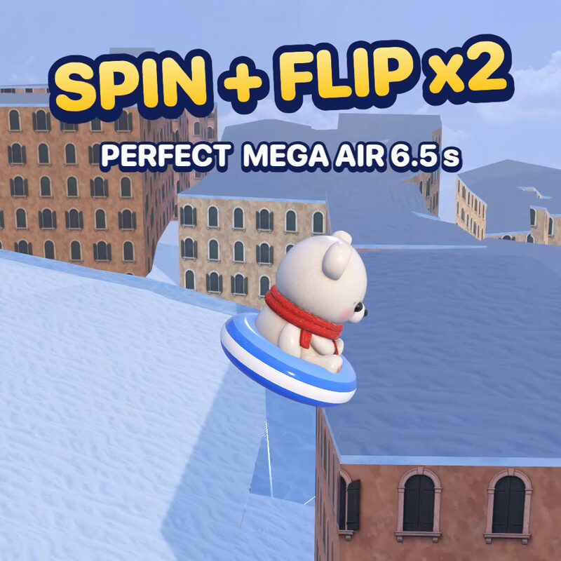 The polar bear cub flying over Venice rooftops with the words SPIN plus FLIP times two