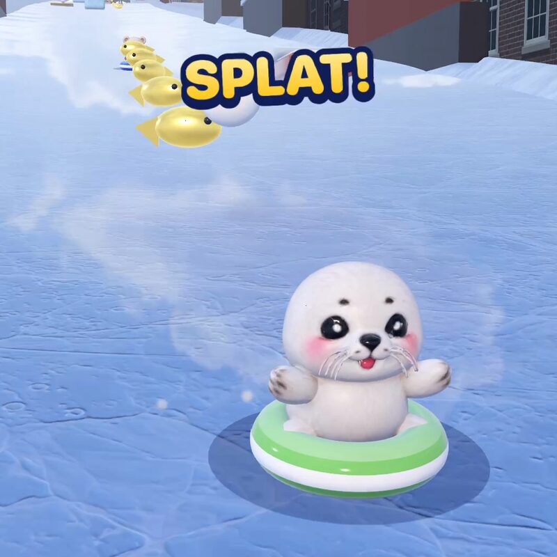 A seal rider hit by a snowball with the word SPLAT
